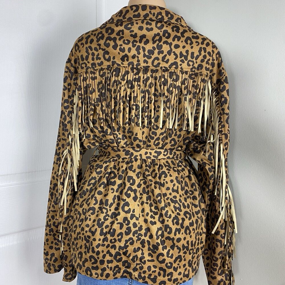 Plus Size Cato leopard jacket womens 22/24W Fringe belt pockets Grunge